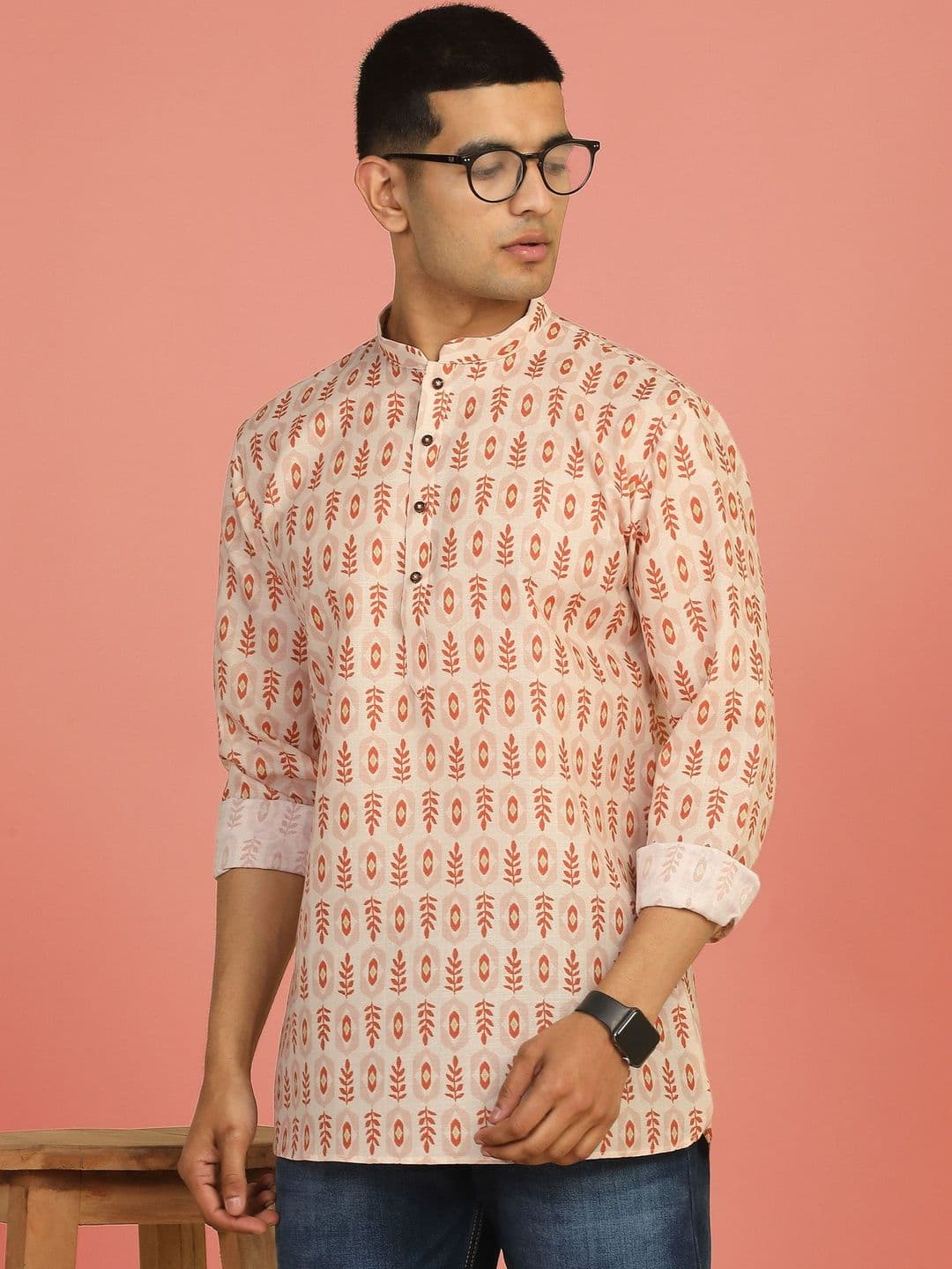 Anouk Mirage Floral Printed Peach Roll-Up Sleeve Short Kurta - view 1