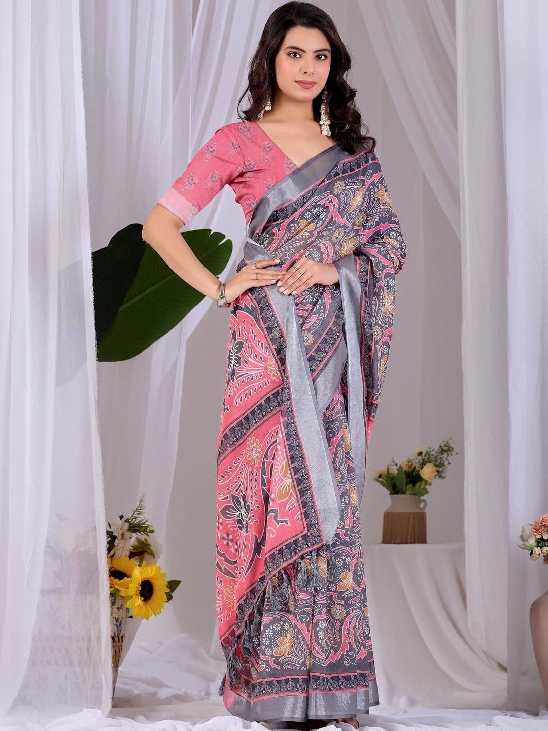 DHANLAXMI SAREES Floral Zari Pure Linen Fusion Kota Saree - view 1