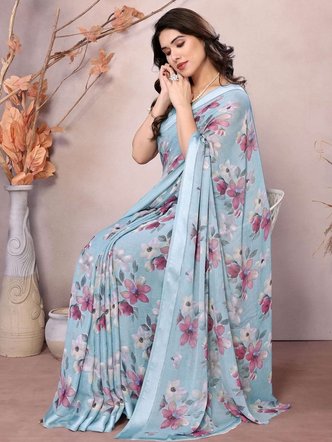 Anouk Floral Printed Zari Border Saree With Blouse Piece - view 1