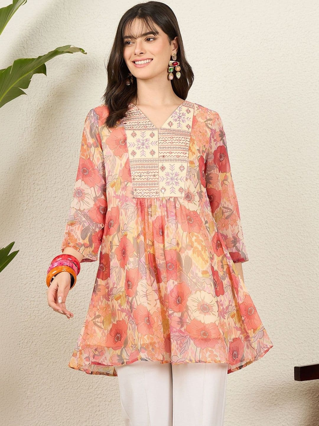 Anouk Women Floral Printed Mirror Work Kurta - view 1