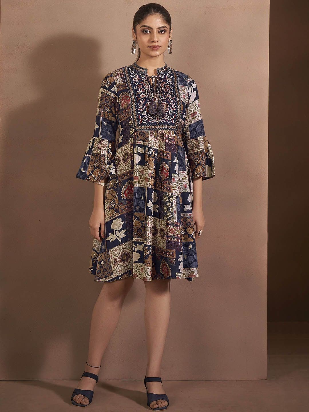 Anouk Floral Printed Tie-Up Neck Fit & Flared Ethnic Dress - view 1