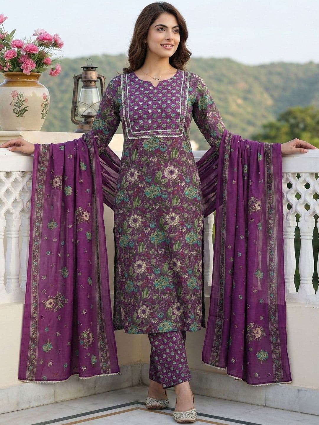Anouk Women Floral Printed Regular Thread Work Pure Cotton Kurta with Trousers & With Dupatta - view 1