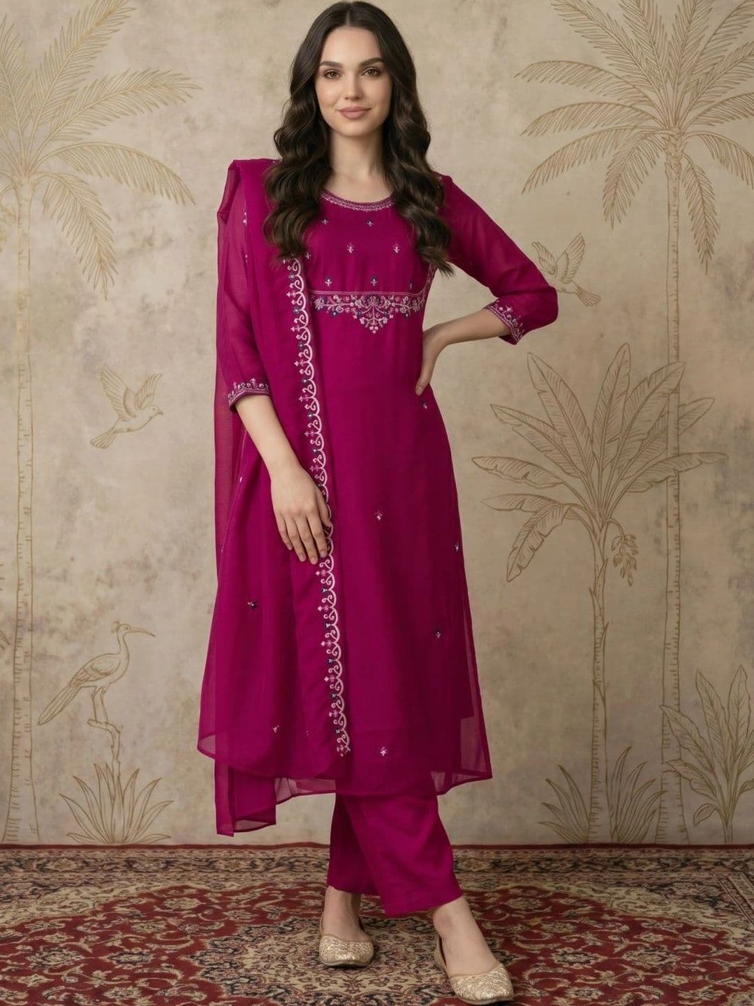 Sangria Women Ethnic Motifs Embroidered Regular Thread Work Kurta with Trousers & With Dupatta - view 1