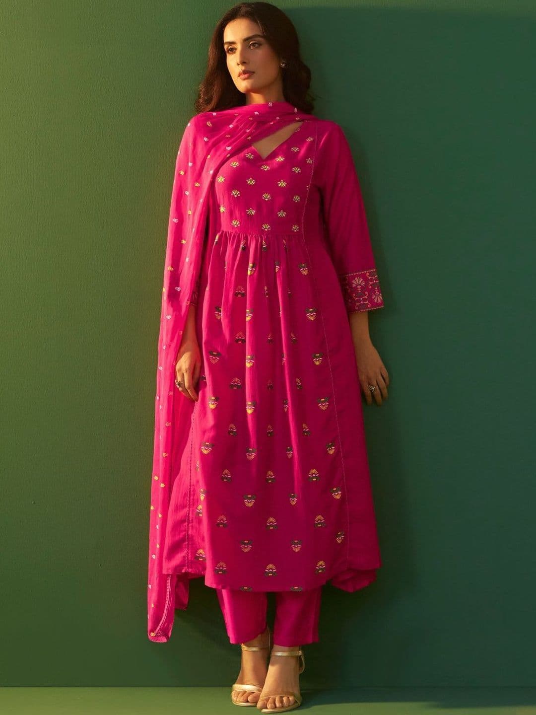 Anouk Women Pink Chinnon Printed Flared Calf Length Kurta with Cotton Printed Dupatta - view 1