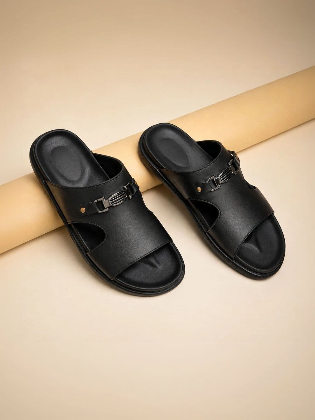 Bxxy Men Black Premium Faux Leather Slide Flat Sandal - view 1