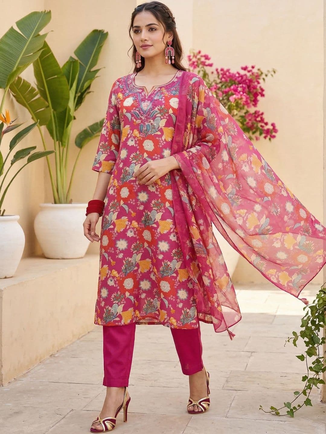Anouk Women Floral Printed Pure Cotton Kurta with Trousers & With Dupatta - view 1