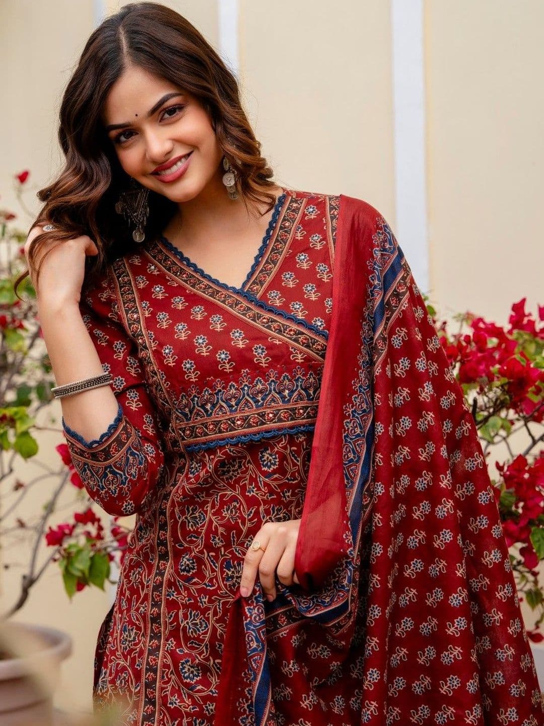 Anouk Women Ethnic Motifs Printed Angrakha Pure Cotton Kurta with Trousers & With Dupatta - view 1
