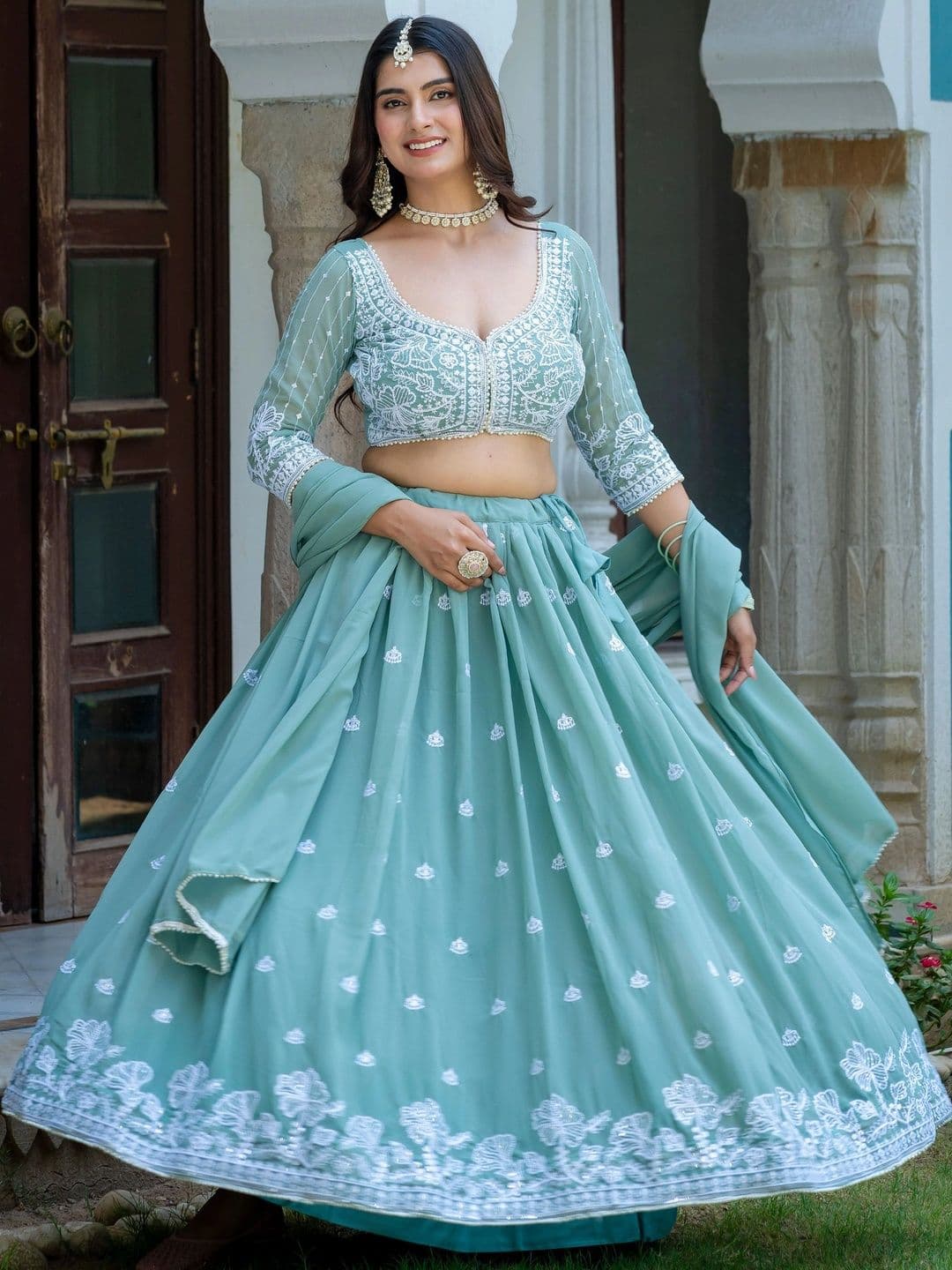 GULDORI Embroidered Thread Work Semi-Stitched Lehenga & Unstitched Blouse With Dupatta - view 1