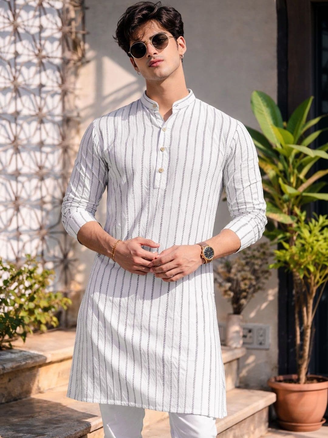 Anouk Pure Cotton Self Stripe Knee Length Kurta - view 1