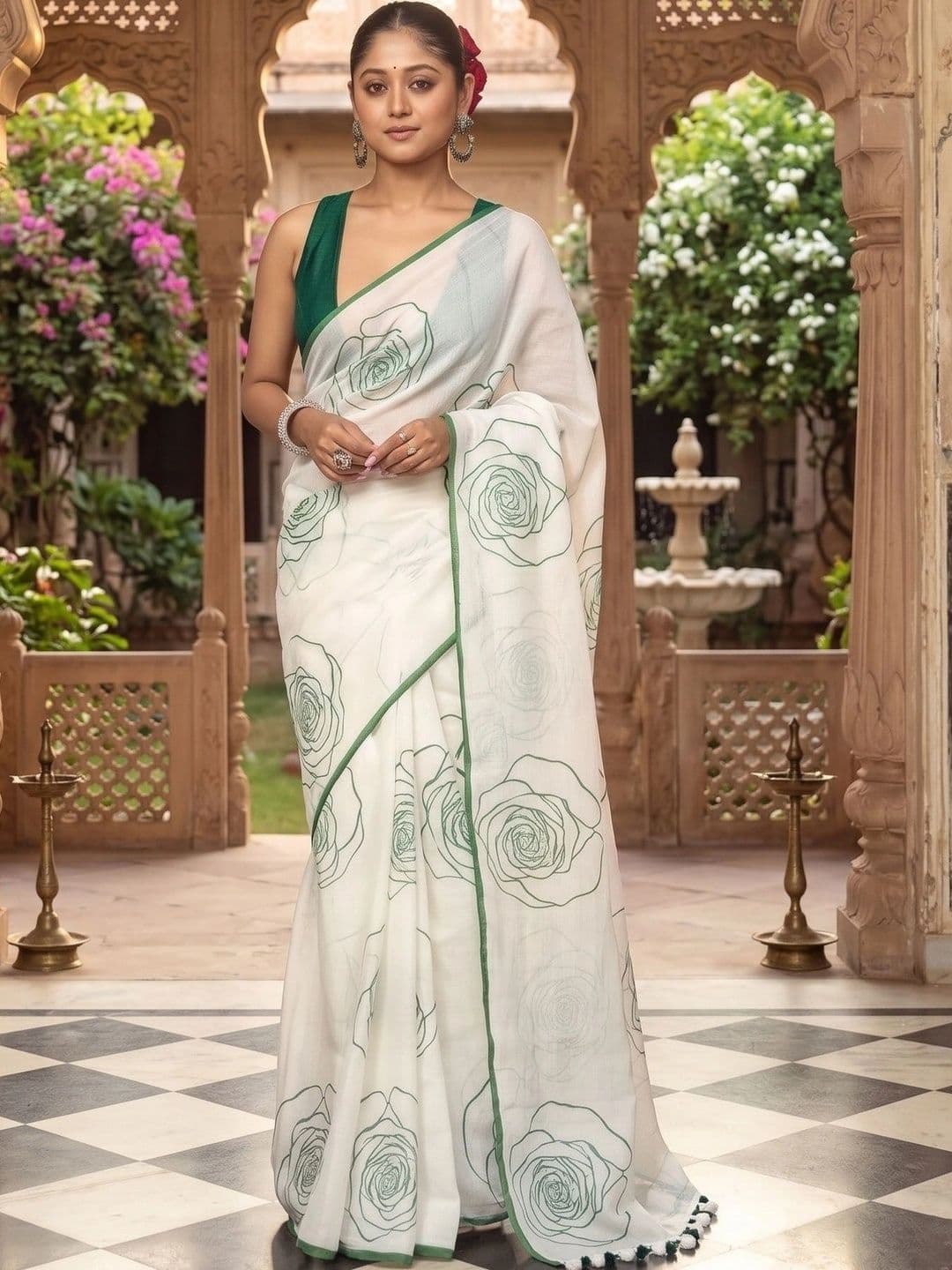AmiFashion Floral Zari Pure Linen Designer Saree - view 1