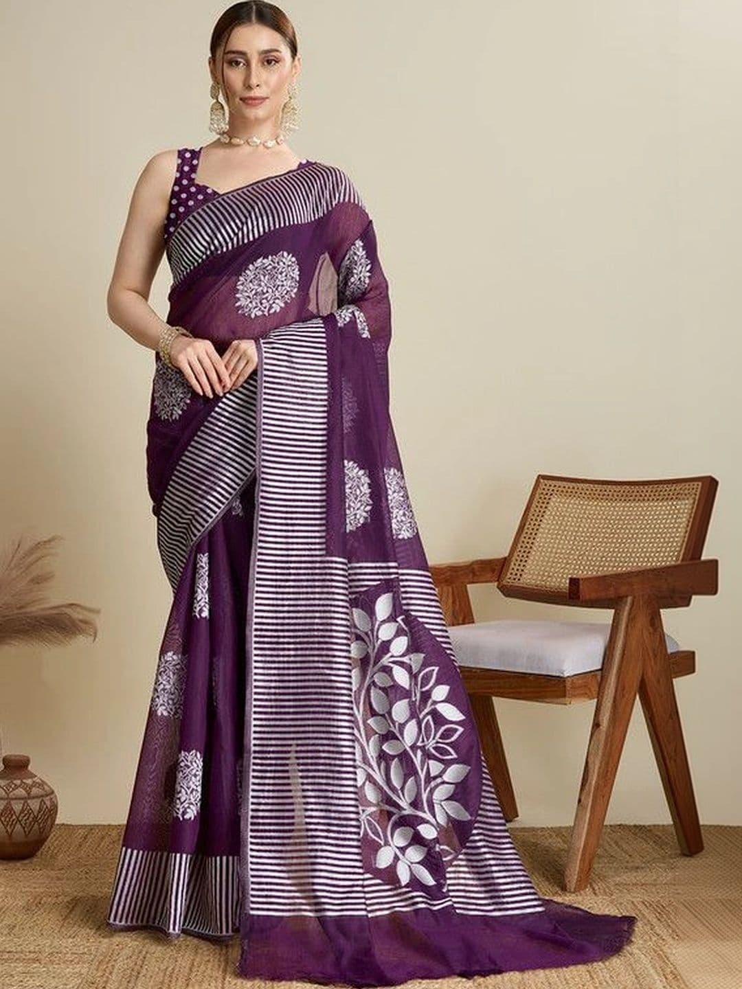 plothah Striped Zari Silk Blend Block Print Saree - view 1
