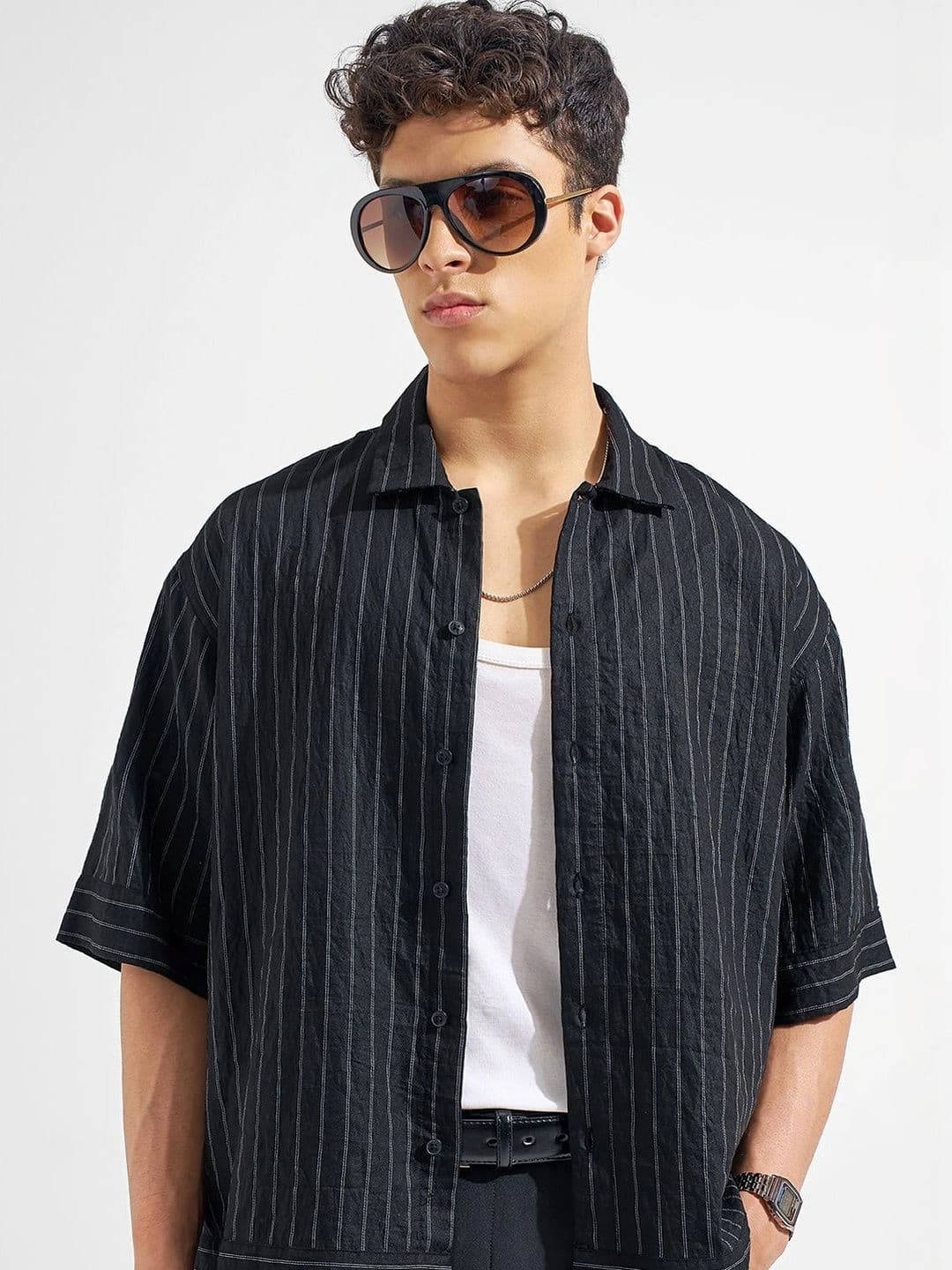 HIGHLANDER Men Black Pleated Premiun Satin Evening Shirts - view 1