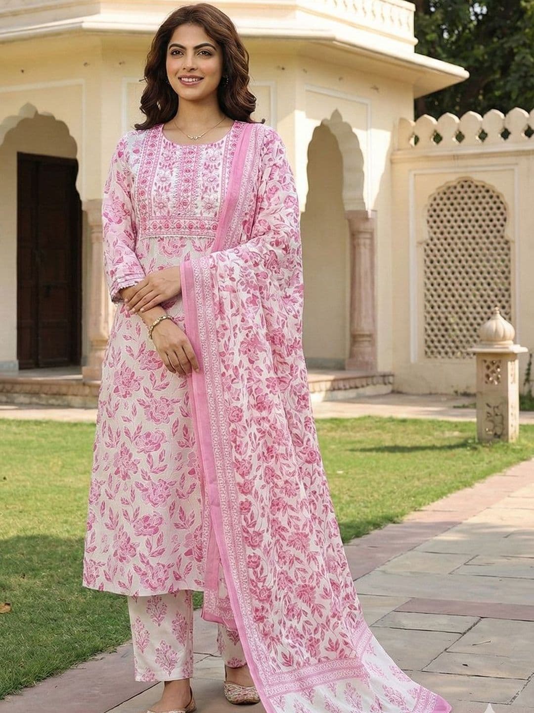 Anouk Women Floral Printed Regular Thread Work Pure Cotton Kurta with Trousers & With Dupatta - view 1