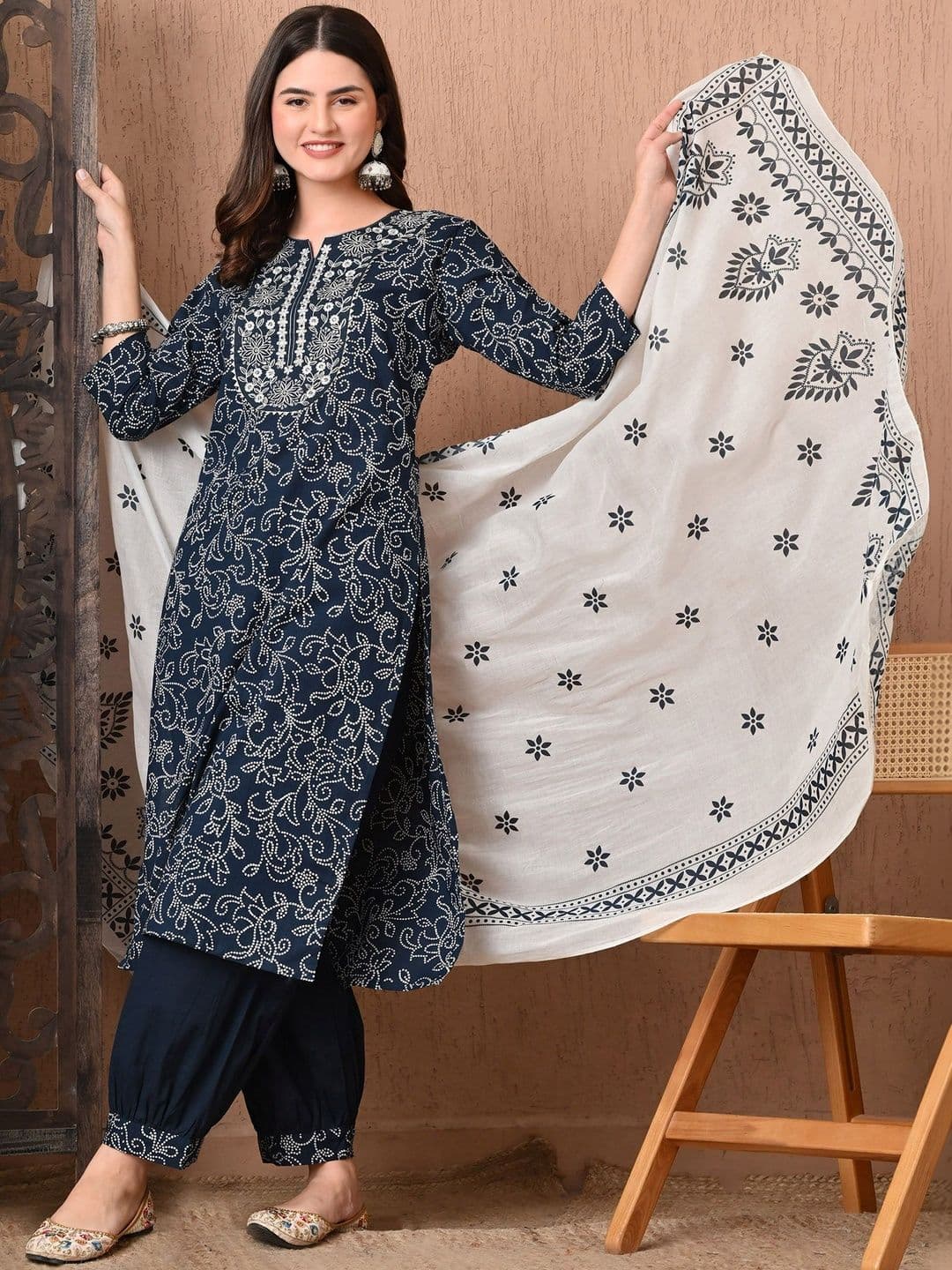Anouk Mirage Women Ethnic Motifs Printed Regular Thread Work Pure Cotton Kurta with Patiala & With Dupatta - view 1