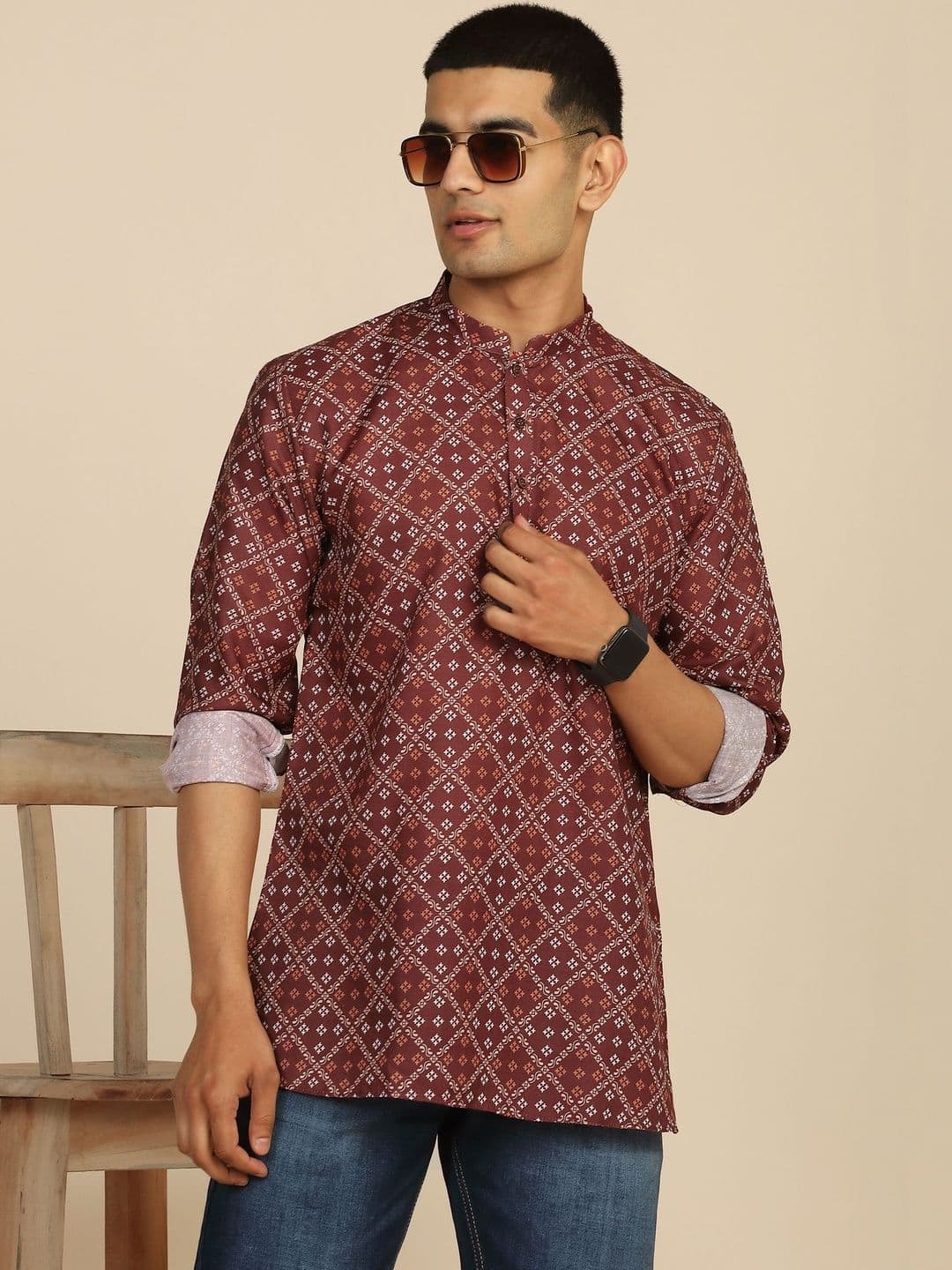 Anouk Mirage Maroon Bandhani Print Waist-Length Roll-Up Sleeves Kurta - view 1