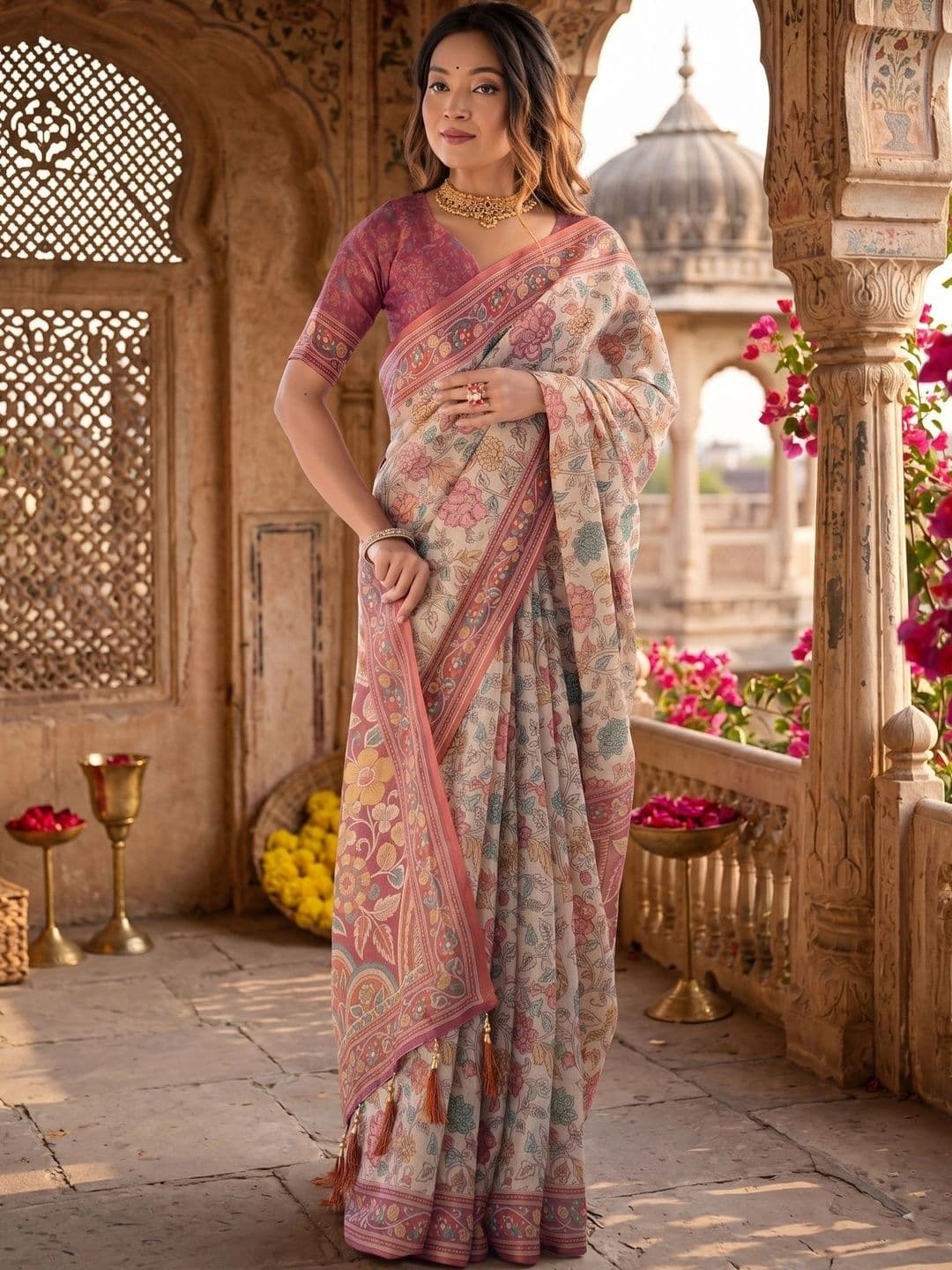 BAFNA MENS WEAR Kalamkari Printed Zari Pure Linen Saree - view 1