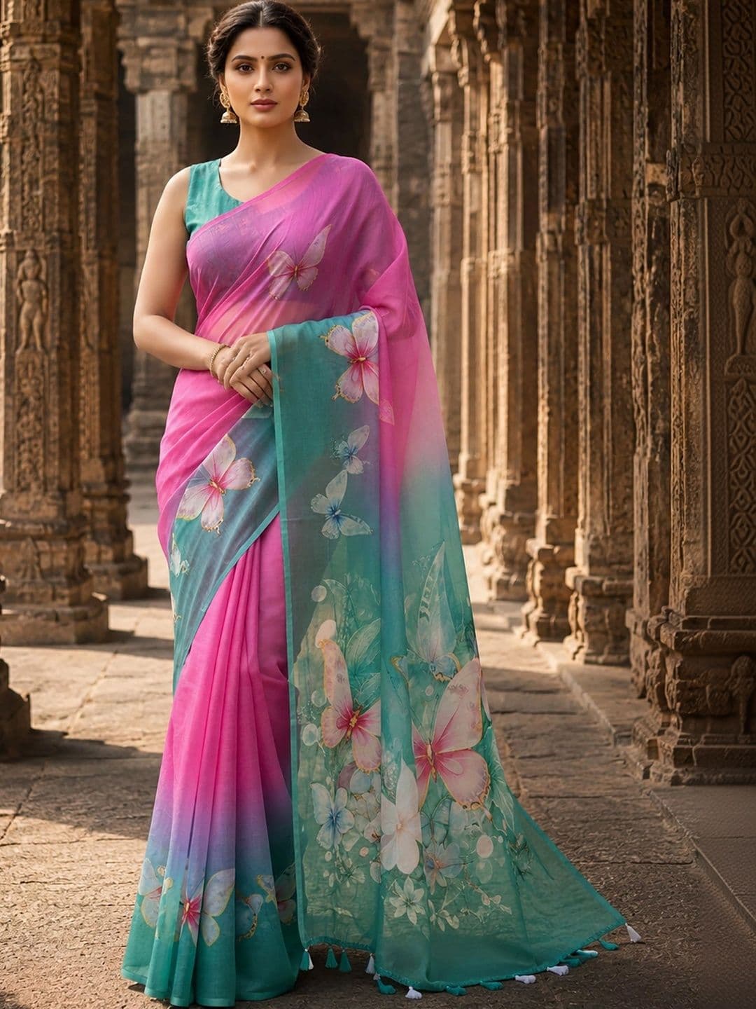 Moda Rapido Floral Linen Blend Designer Block Print Saree - view 1