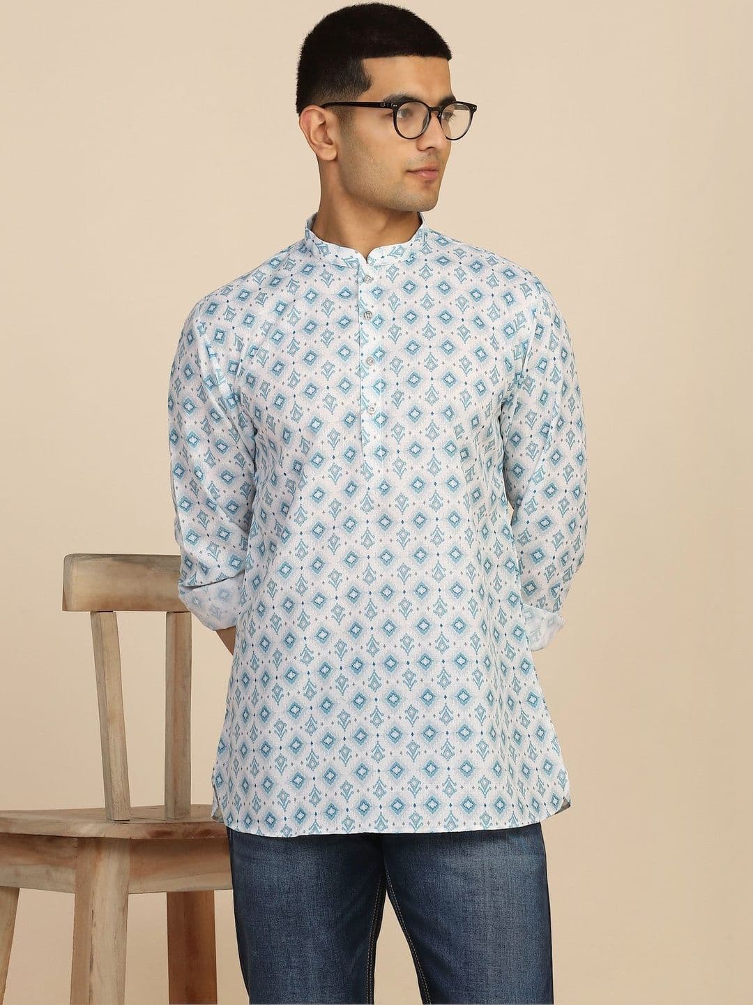 Anouk Mirage Geometric Printed White and Blue Roll-Up Sleeve Short Kurta - view 1