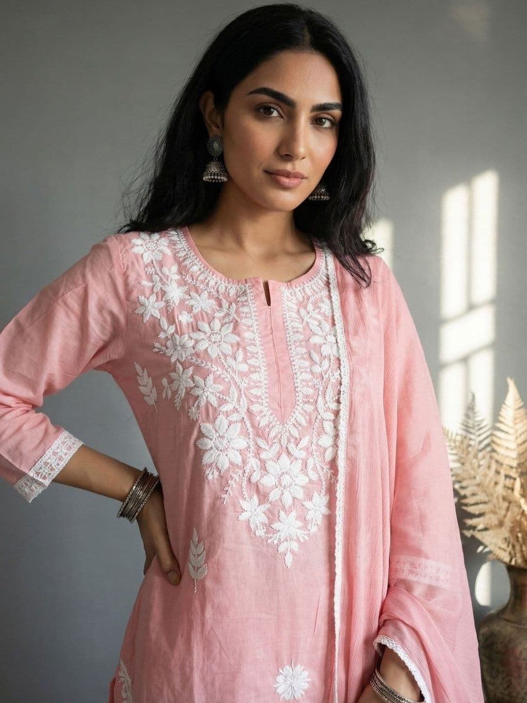 Anouk Women Floral Embroidered Regular Chikankari Pure Cotton Kurta with Trousers & With Dupatta - view 1