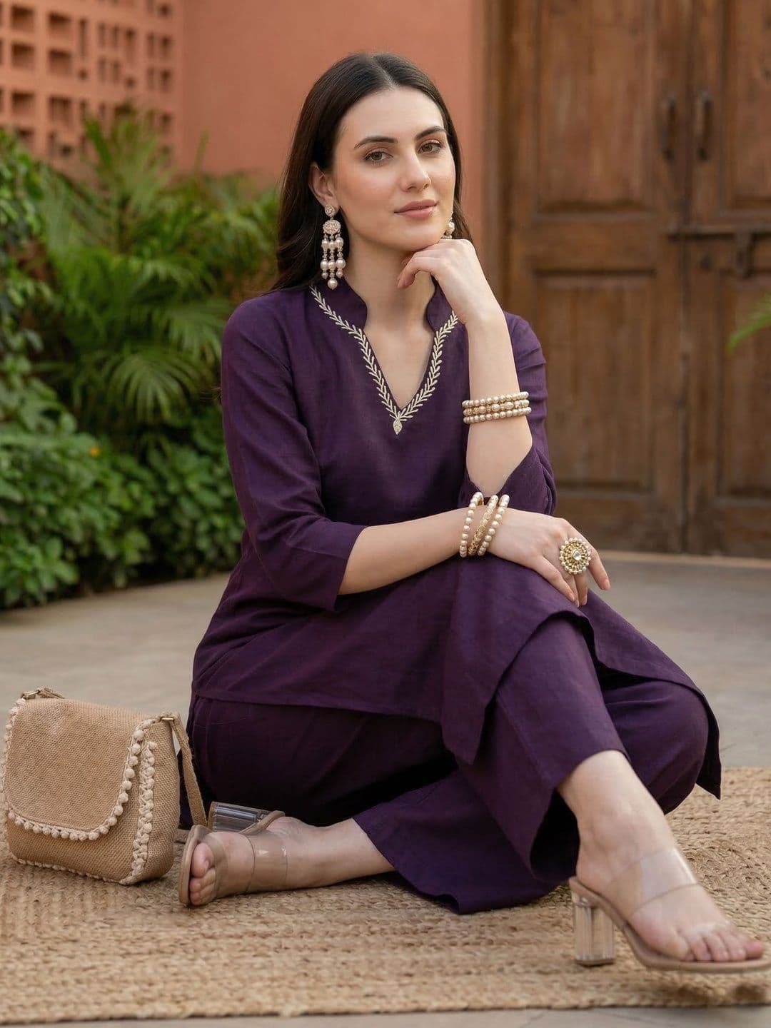 Anouk Women Ethnic Motifs Embroidered Pure Cotton Kurta with Trousers - view 1