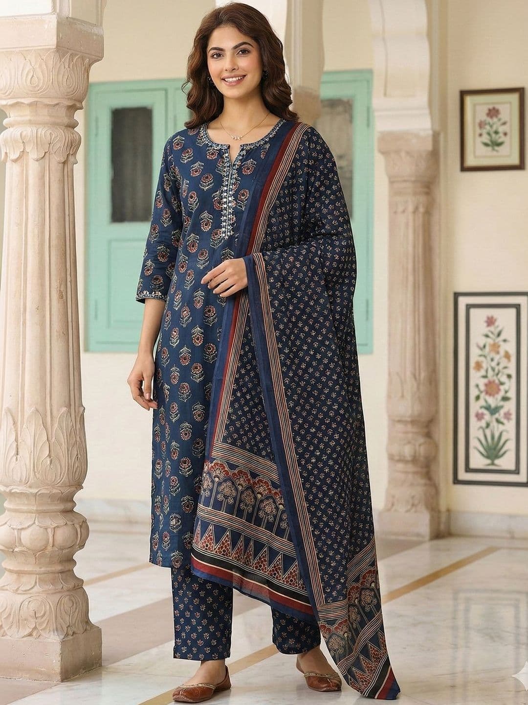 Anouk Women Ethnic Motifs Printed Regular Thread Work Pure Cotton Kurta with Trousers & With Dupatta - view 1