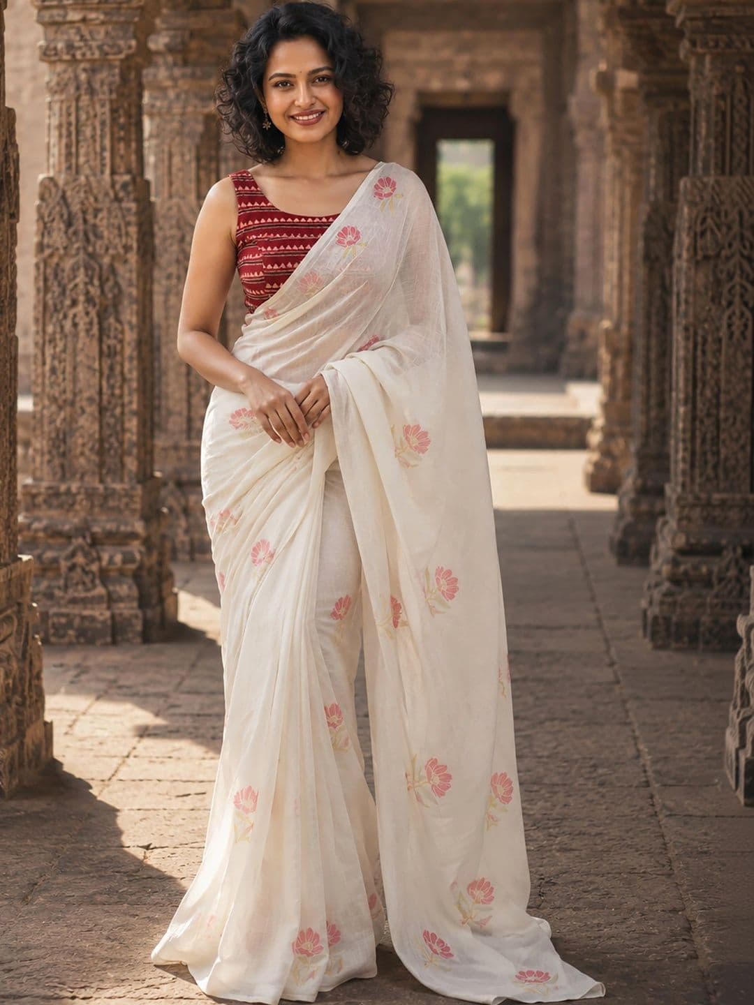 Moda Rapido Floral Linen Blend Designer Block Print Saree - view 1