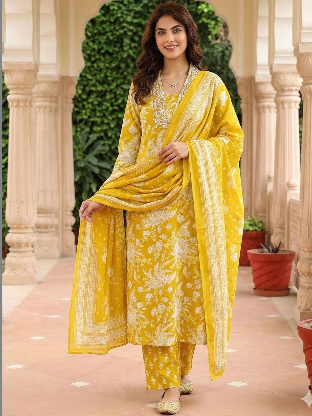 Anouk Women Floral Printed Regular Thread Work Pure Cotton Kurta with Trousers & With Dupatta - view 1