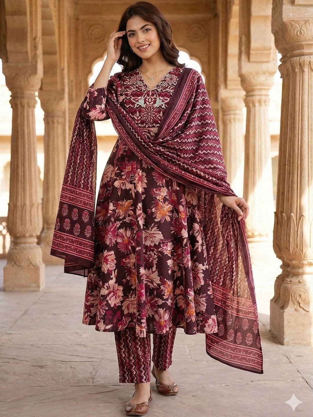 Anouk Women Floral Embroidered Regular Thread Work Pure Cotton Kurta with Trousers & With Dupatta - view 1