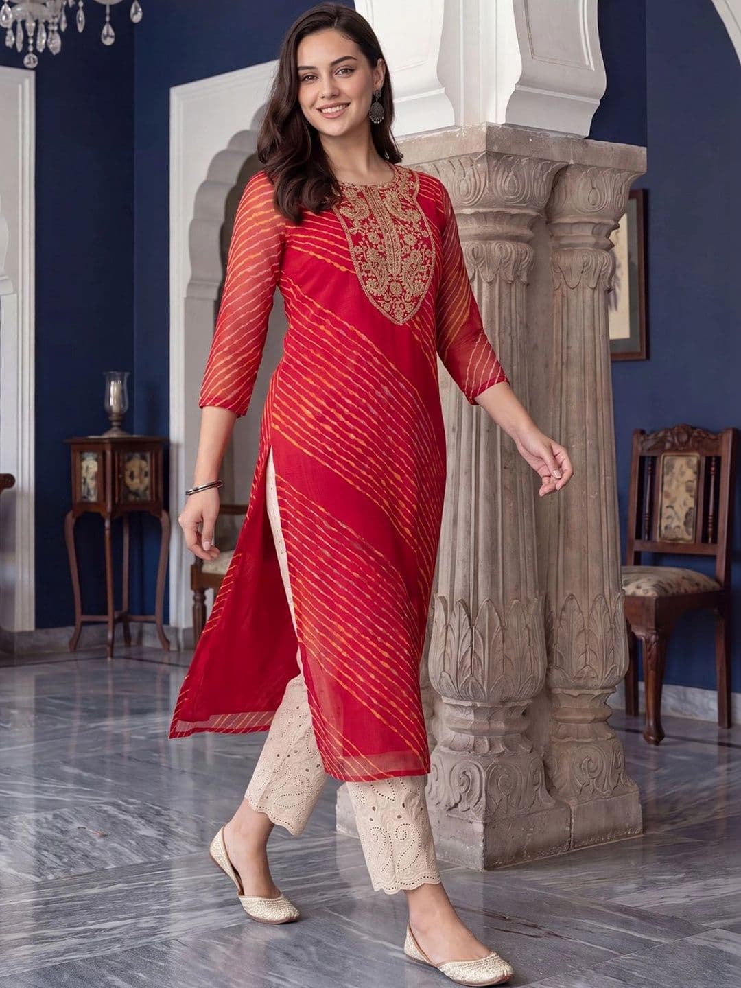 Indo Era Women Leheriya Printed Thread Work Georgette Kurta - view 1