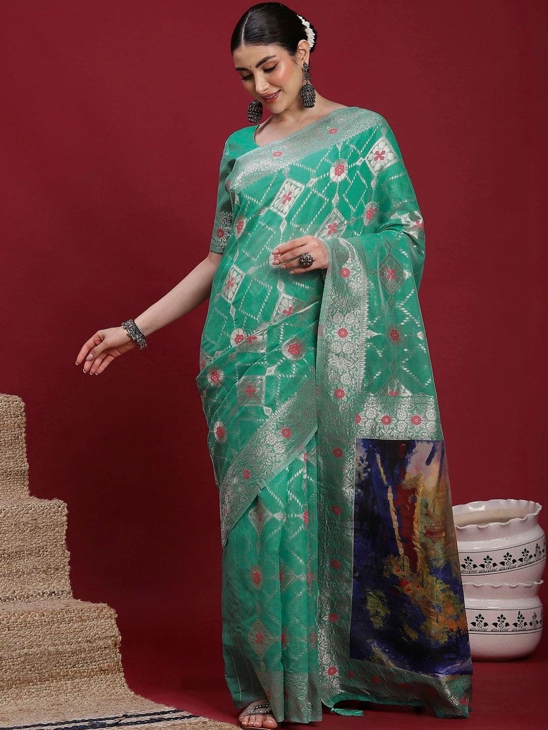 Anouk Floral Zari Organza Designer Banarasi Saree - view 1