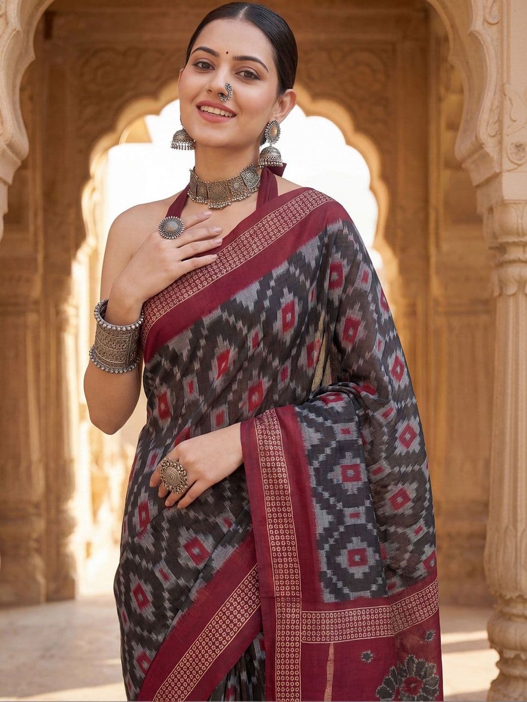 Anouk Ethnic Motifs Zari Silk Cotton Handloom Ikat Saree - view 1