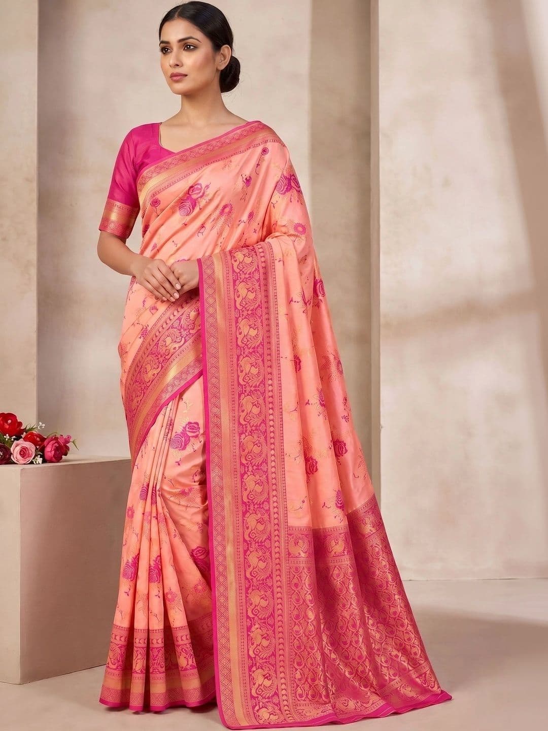 VelvetHue Floral Zari Art Silk Banarasi Saree - view 1