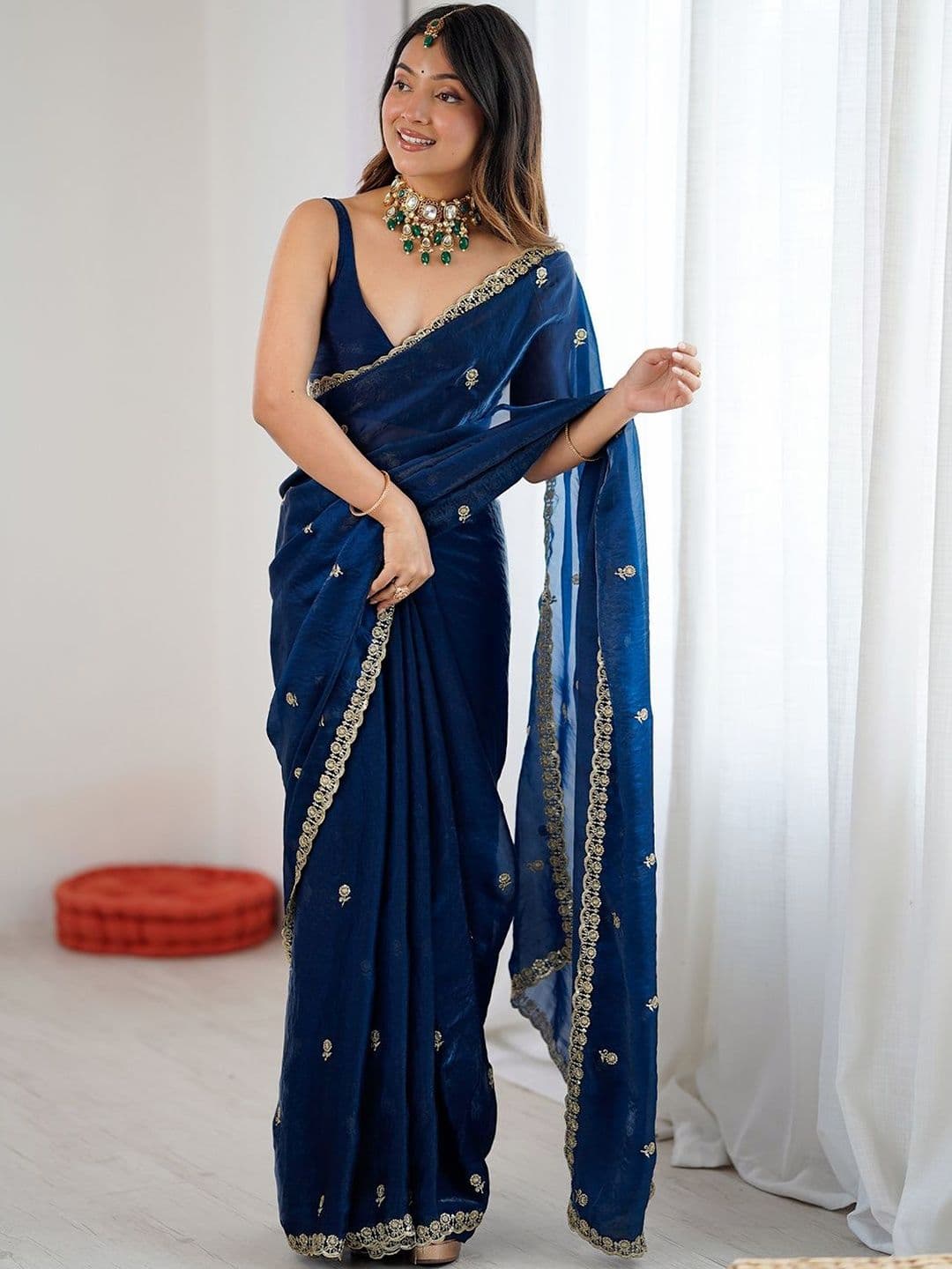 Anouk Teal Blue Satin Ethnic Embellished Festive Wear Matching Blouse Sarees - view 1
