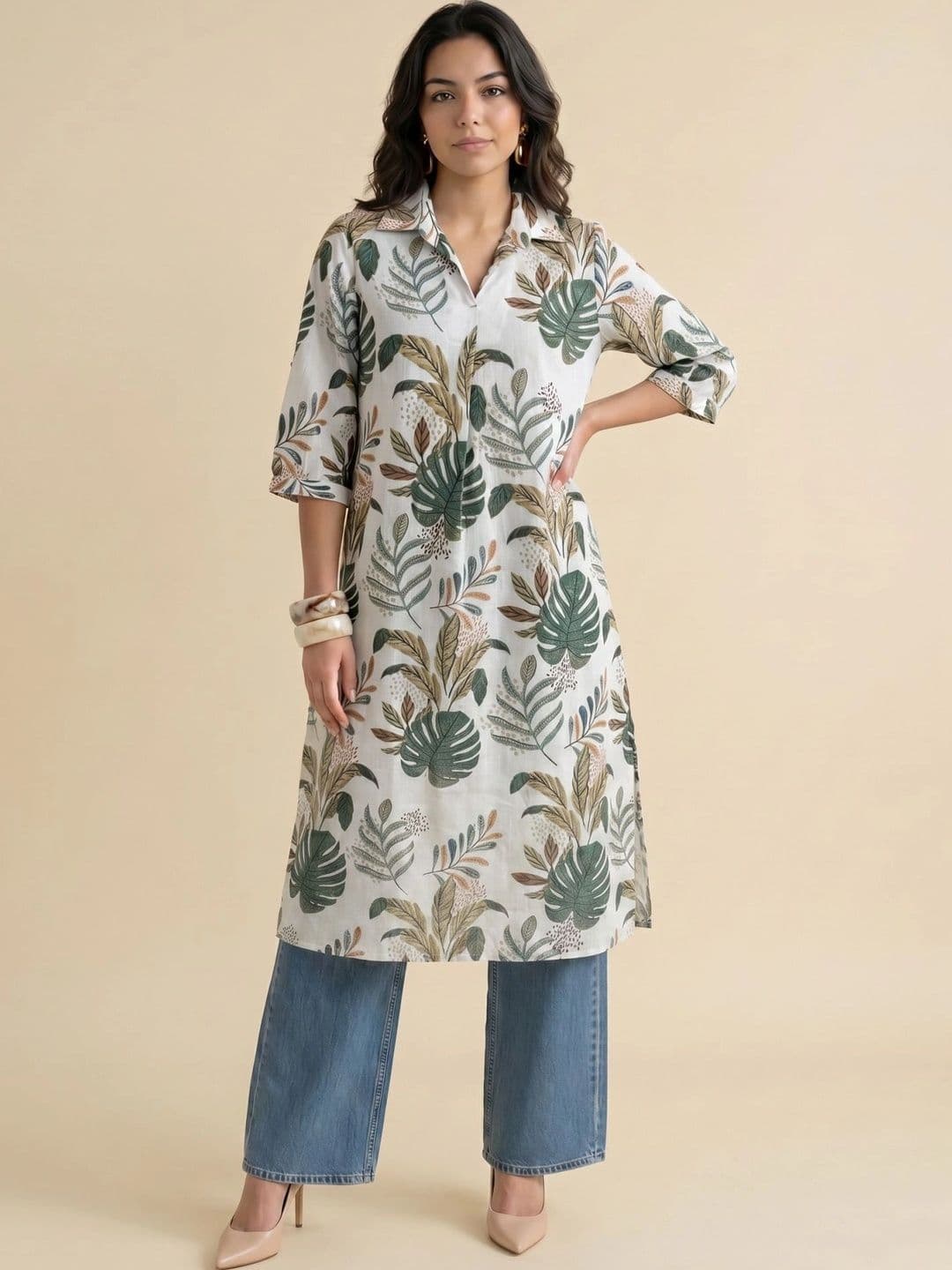 Sangria Women Green Cotton Floral Printed Shirt Collar Knee Length Kurta - view 1