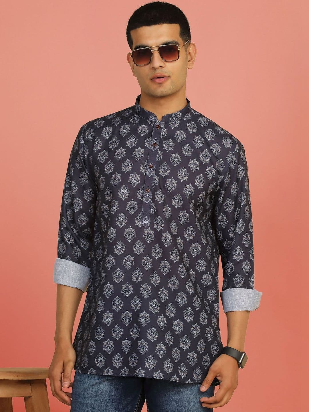 Anouk Mirage Indigo Blue Printed Roll-Up Sleeve Short Kurta - view 1