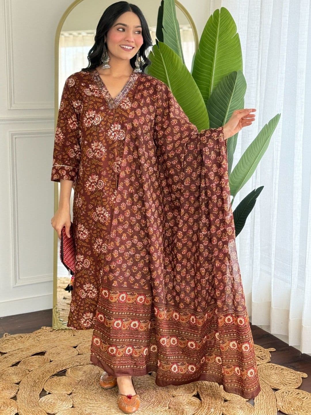 Anouk Women Floral Printed Regular Thread Work Pure Cotton Kurta with Palazzos & With Dupatta - view 1