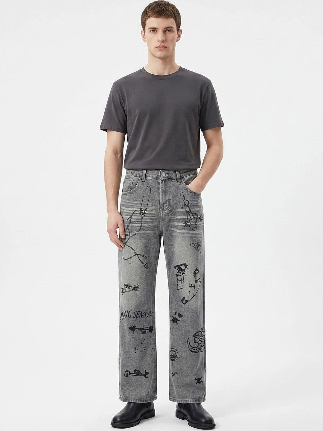 StyleCast x Revolte Men Straight Fit Mid-Rise Heavy Fade Printed Jeans - view 1