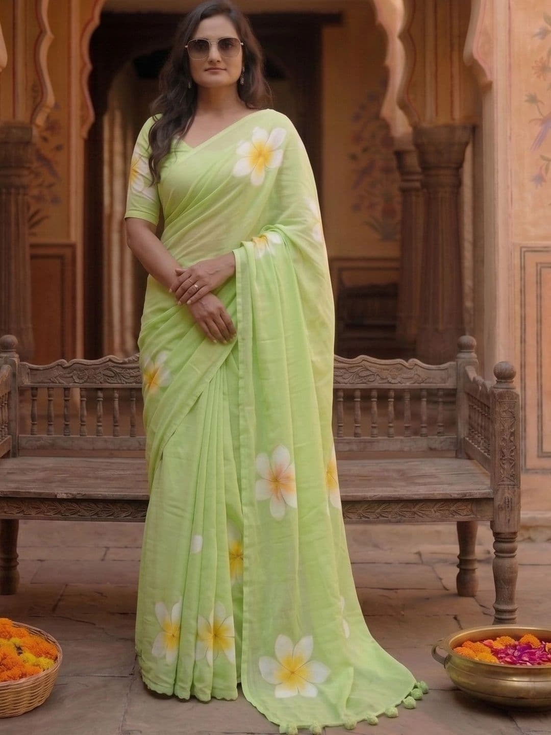 AJ FASHION PLUS Floral Zari Pure Linen Designer Saree - view 1