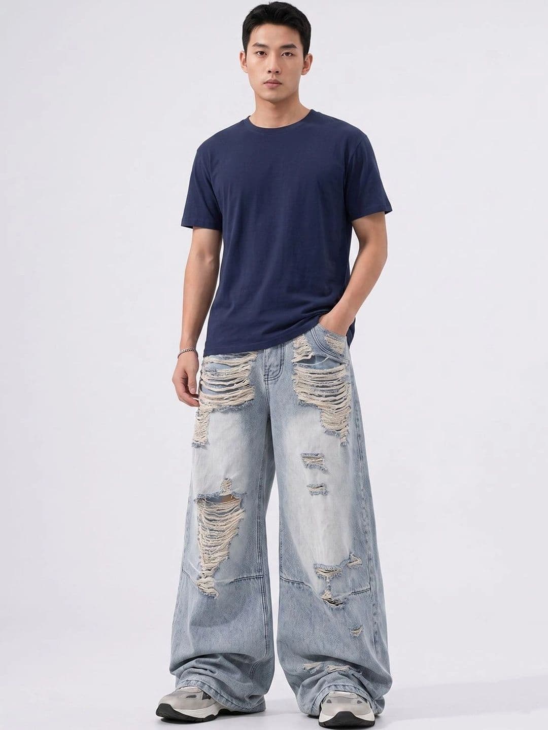 StyleCast x Revolte Men Wide Leg Mid-Rise Highly Distressed Light Fade Jeans - view 1