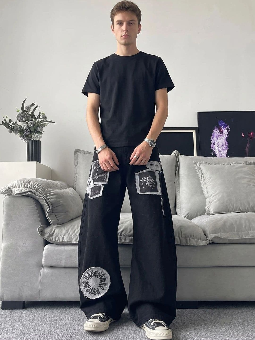 StyleCast x Revolte Men Wide Leg Mid-Rise Applique Jeans - view 1