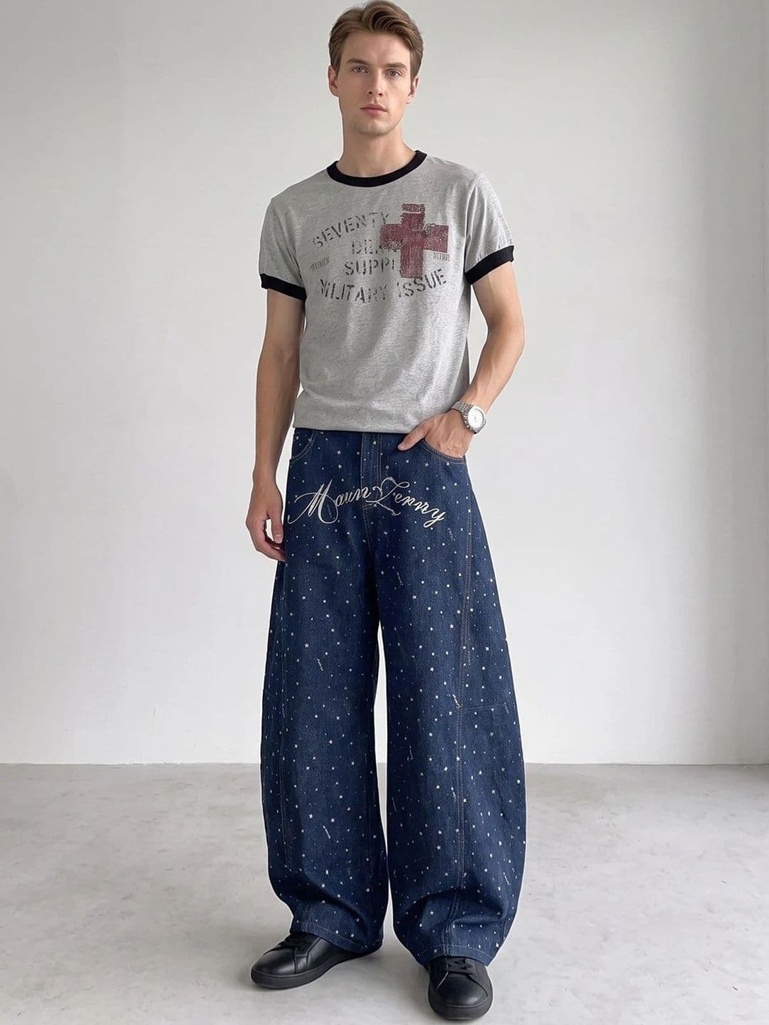 StyleCast x Revolte Men Wide Leg Mid-Rise Heavy Fade Printed Jeans - view 1