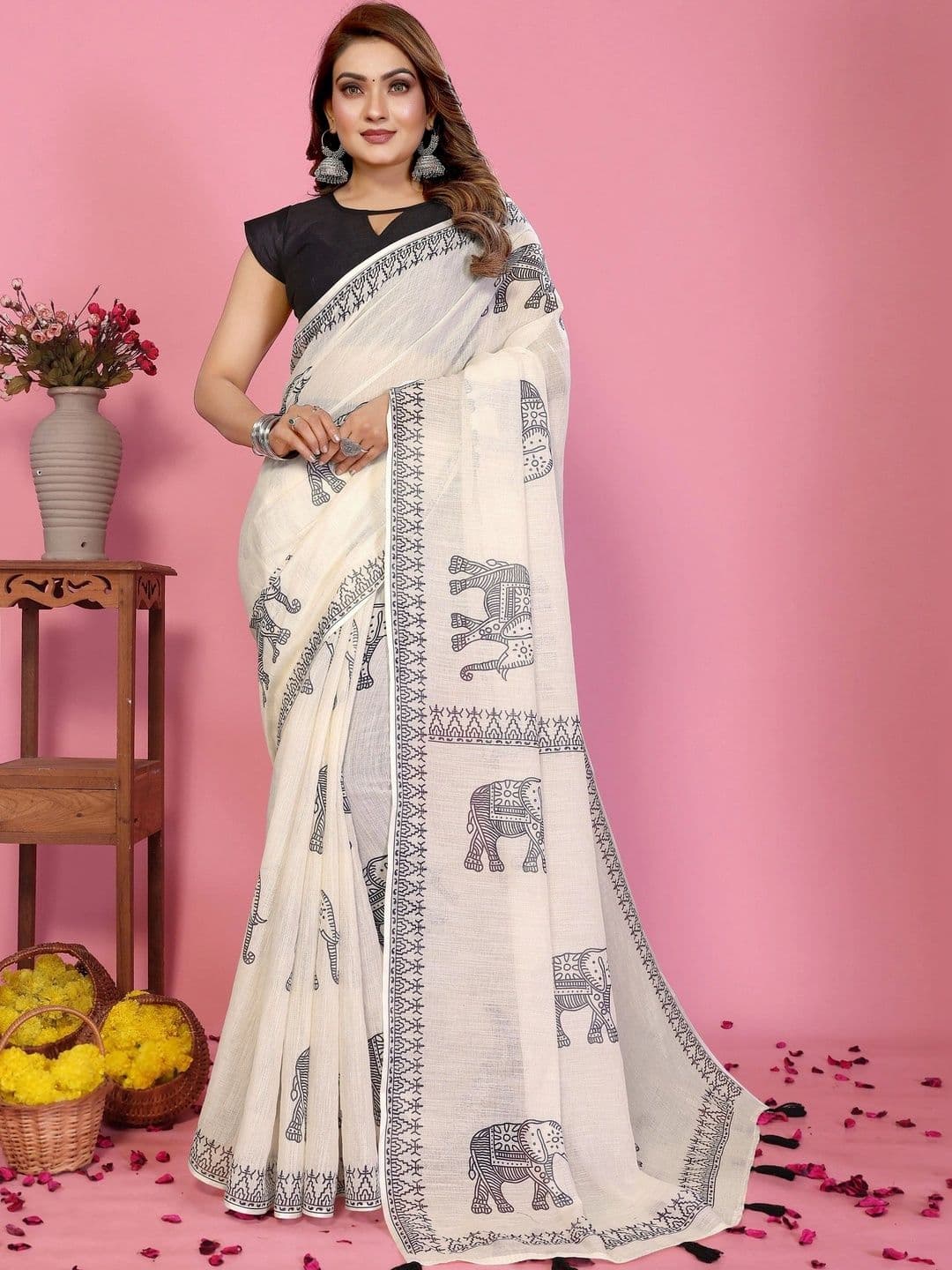 DIVASTRI Kalamkari Linen Blend Designer Saree - view 1