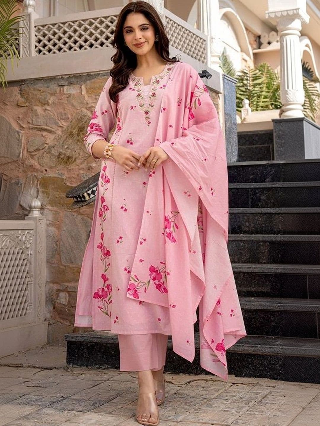 SZN Women Floral Printed Regular Thread Work Kurta with Trousers & With Dupatta - view 1