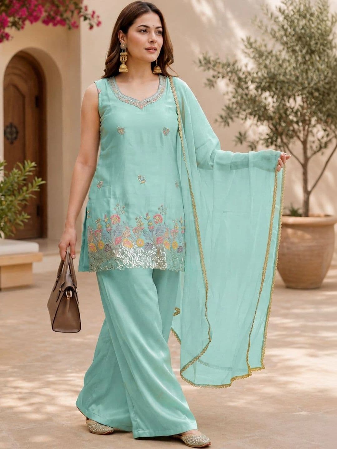 Sangria Women Floral Embroidered Regular Sequinned Kurta with Palazzos & With Dupatta - view 1