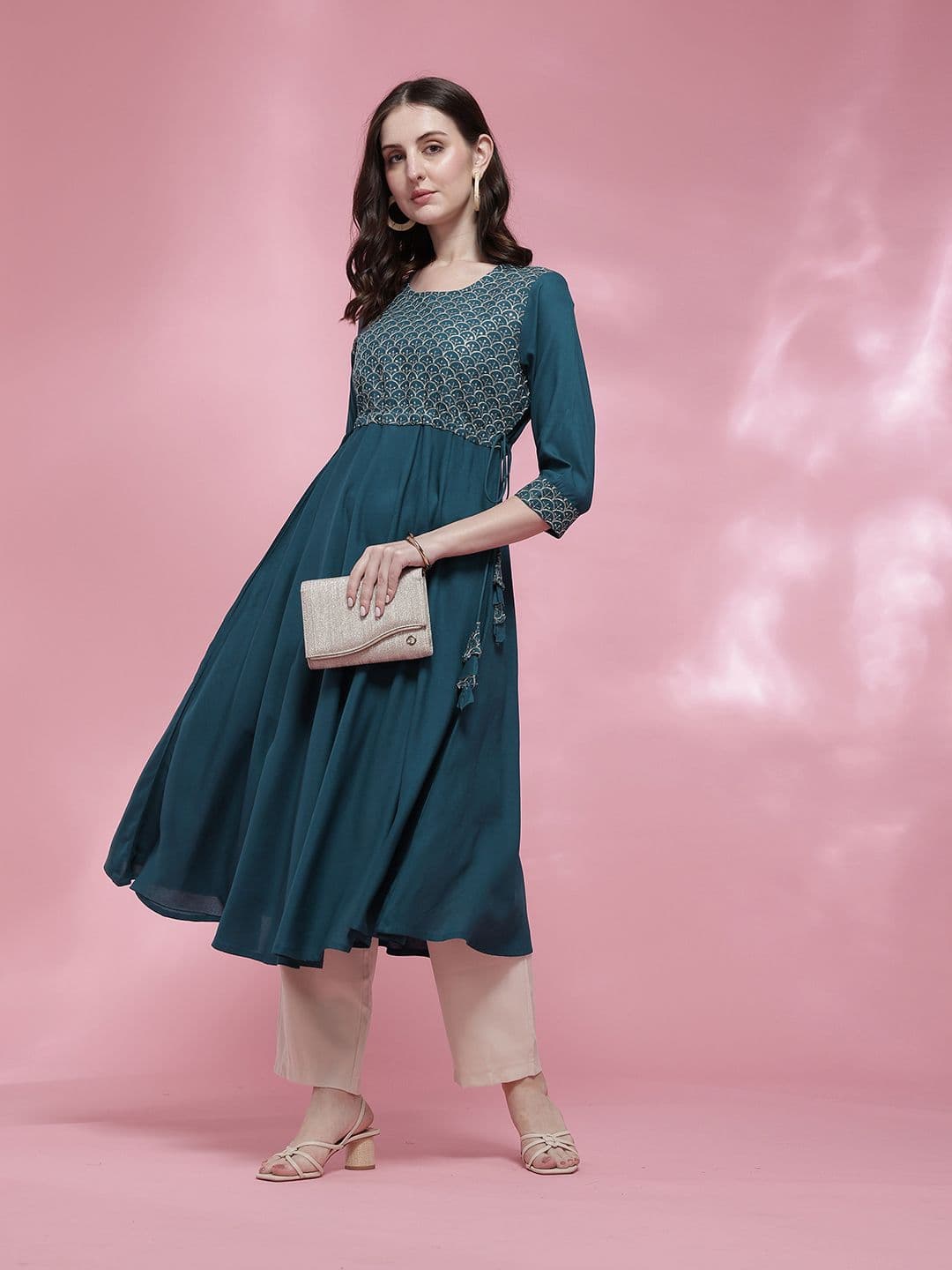Anouk Ethnic Motifs Embroidered Sequinned A-Line Kurta With Tie-Ups - view 1