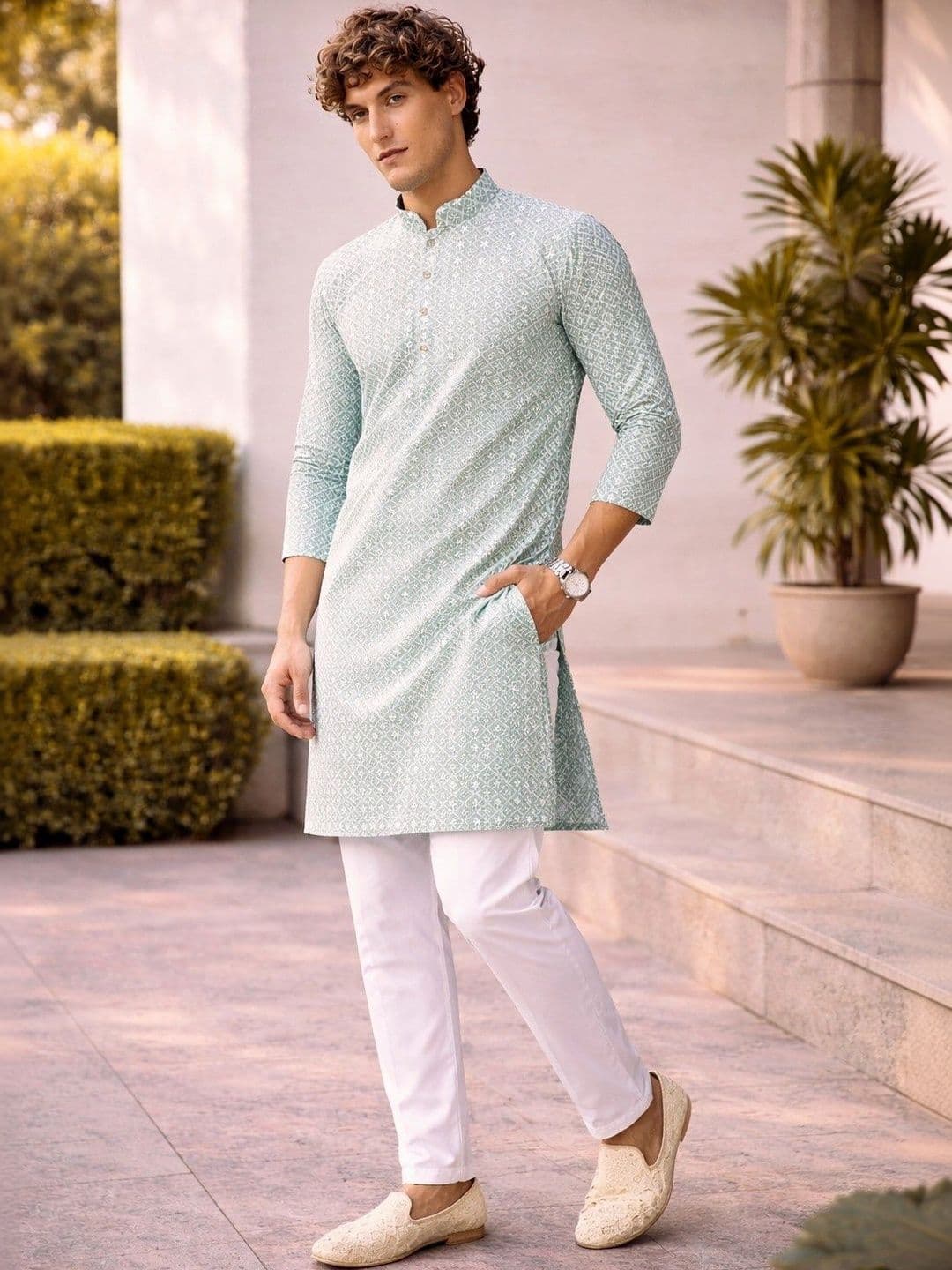 Anouk Men Geometric Embroidery Knee Length Straight Kurta - view 1