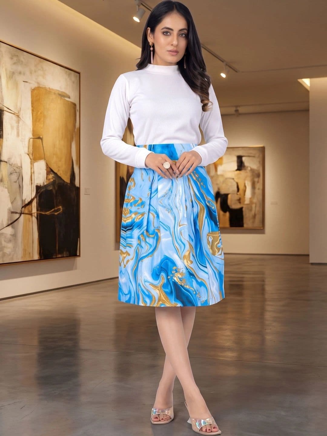 ZELZIS Women Cotton Cambric Abstract Knee Length Flared Skirt - view 1