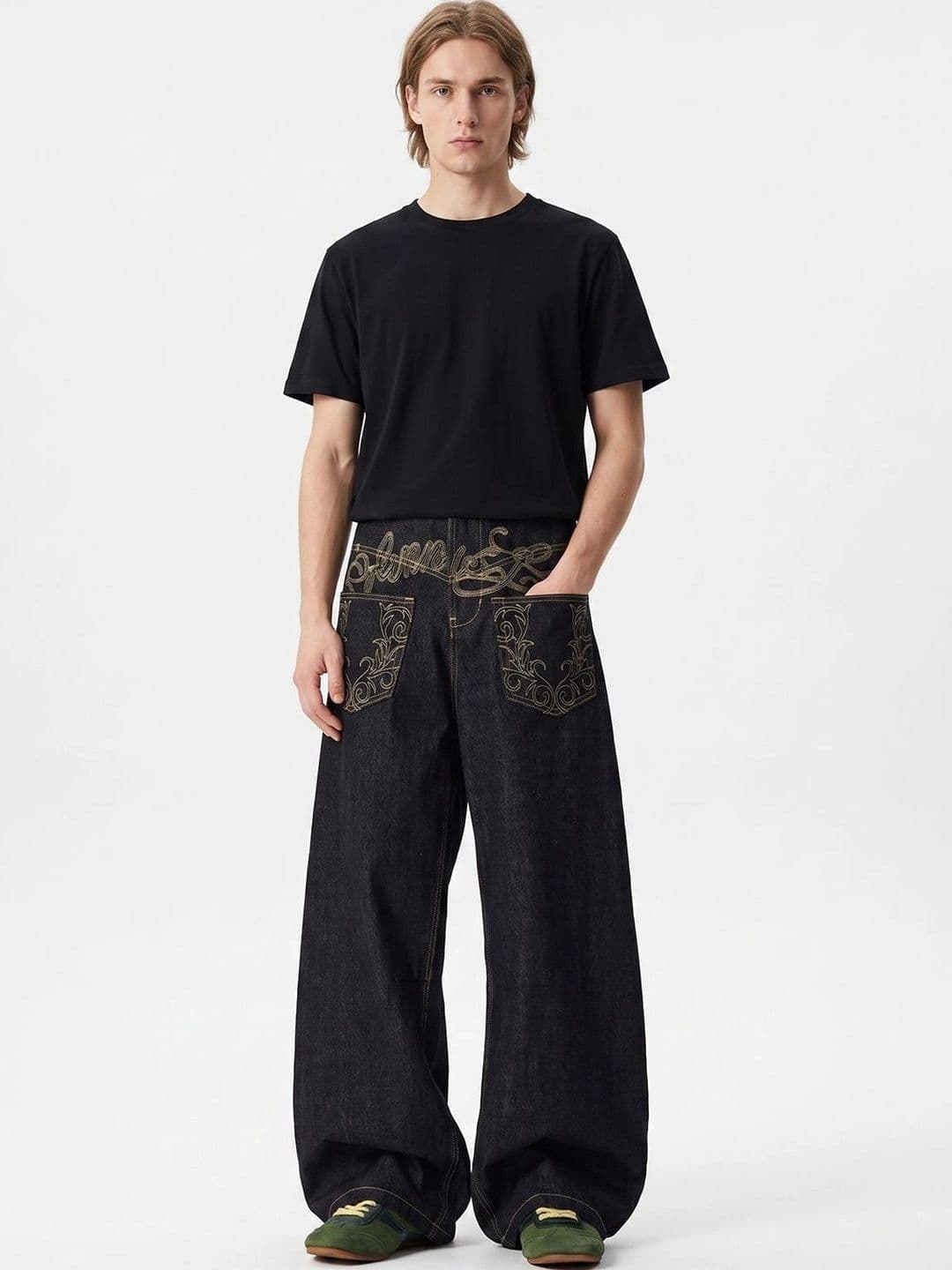 StyleCast x Revolte Men Wide Leg Mid-Rise Heavy Fade Embroidered Jeans - view 1