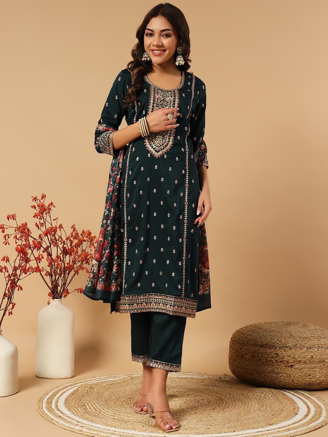 Anouk Women Green Silk Blend Kurta Sets - view 1
