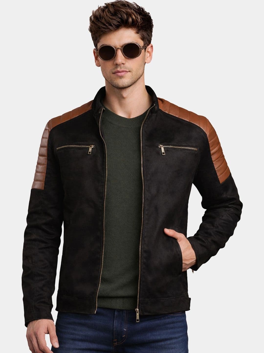 Leather Retail Men Suede Outdoor Biker Jacket - view 1